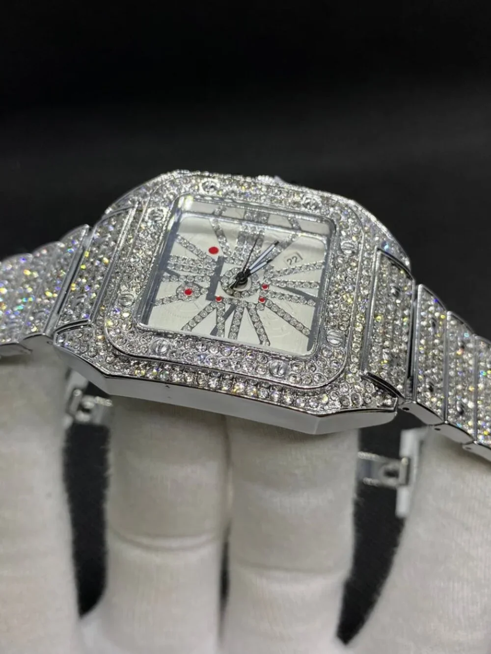 Square Special Red Dial Date Iced Out Diamond Watch, Luxury Hip Hop Watch Unisex